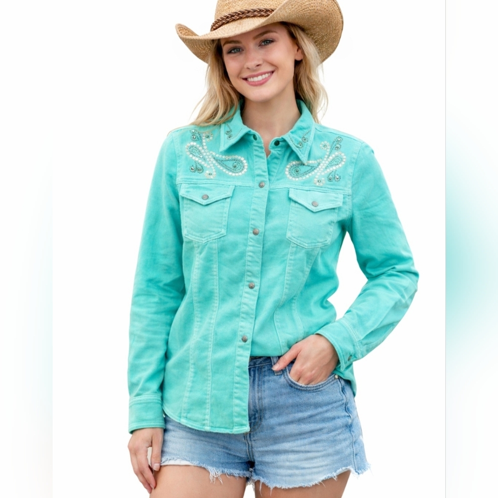 DG2 by Diane Gilman Turquoise Embellished Snap Front Jacket Shirt Women’s Medium